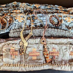 Boho Earth-Tone Accessory Set – 3Scarves + Jewelry Bundle (Brown & Orange)